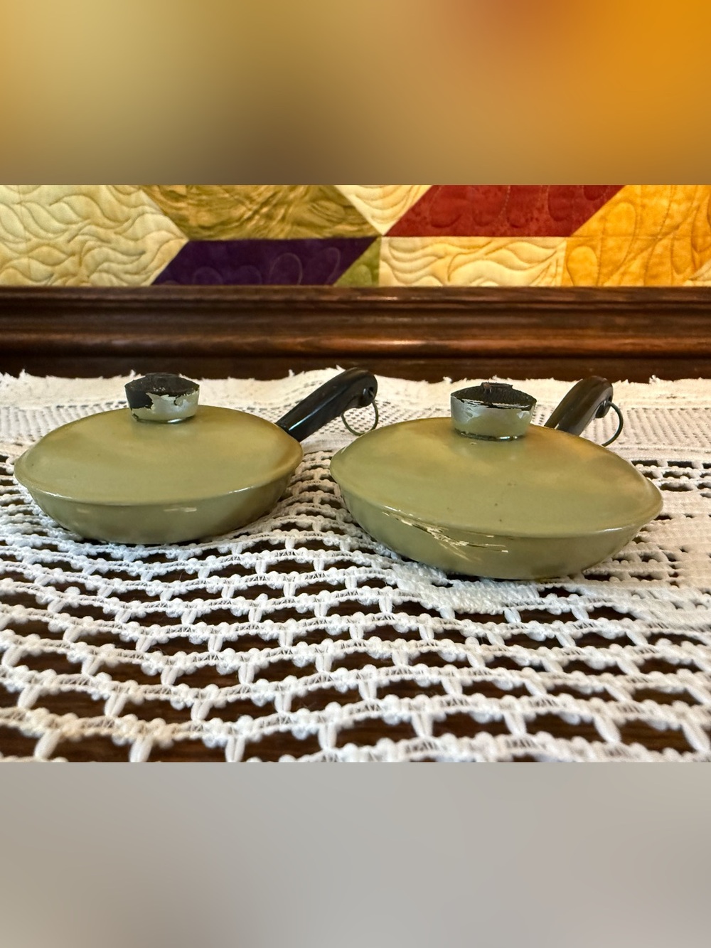 Vintage Brillium Olive Green Mini Frying Pan Salt & Pepper Shakers Set